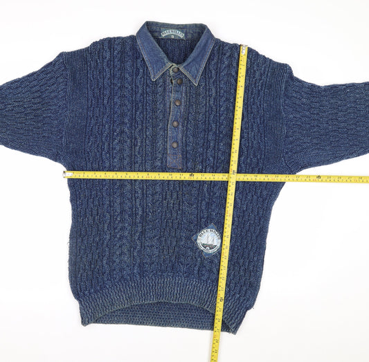 Blue Willi’s Men’s Blue Cable-Knit Henley Cotton Jumper S
