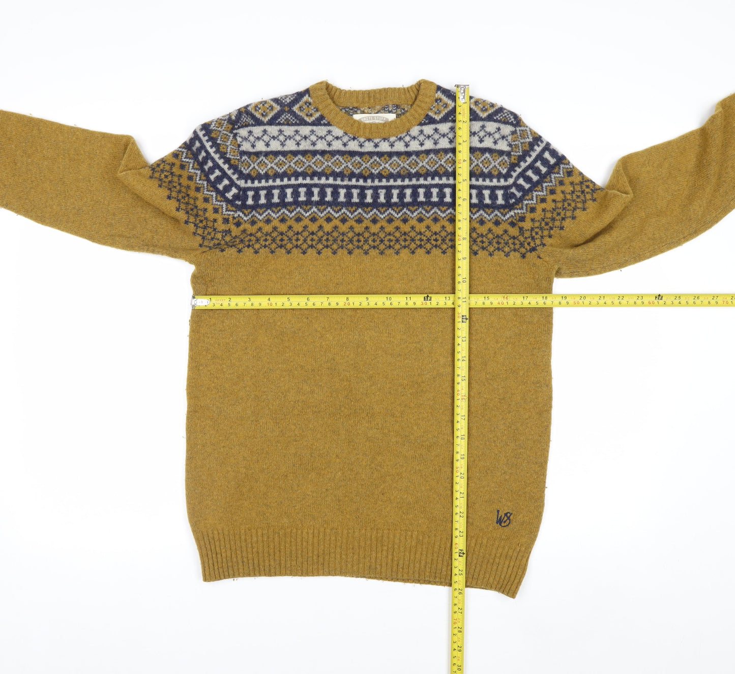White Stuff Men's Mustard Fair Isle Wool Jumper Small Crew Neck Knit