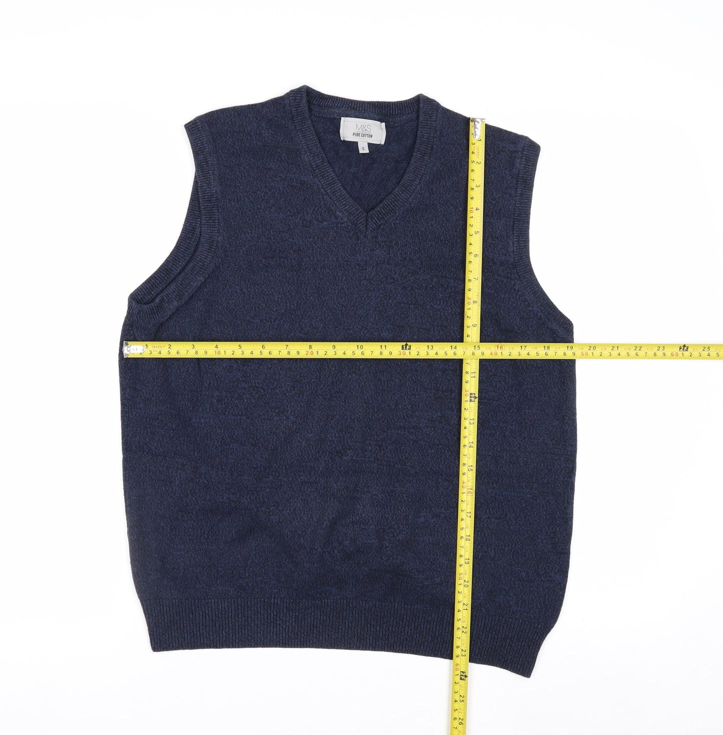 Marks and Spencer Men's Blue Cotton Sleeveless V-Neck Vest Jumper Size S