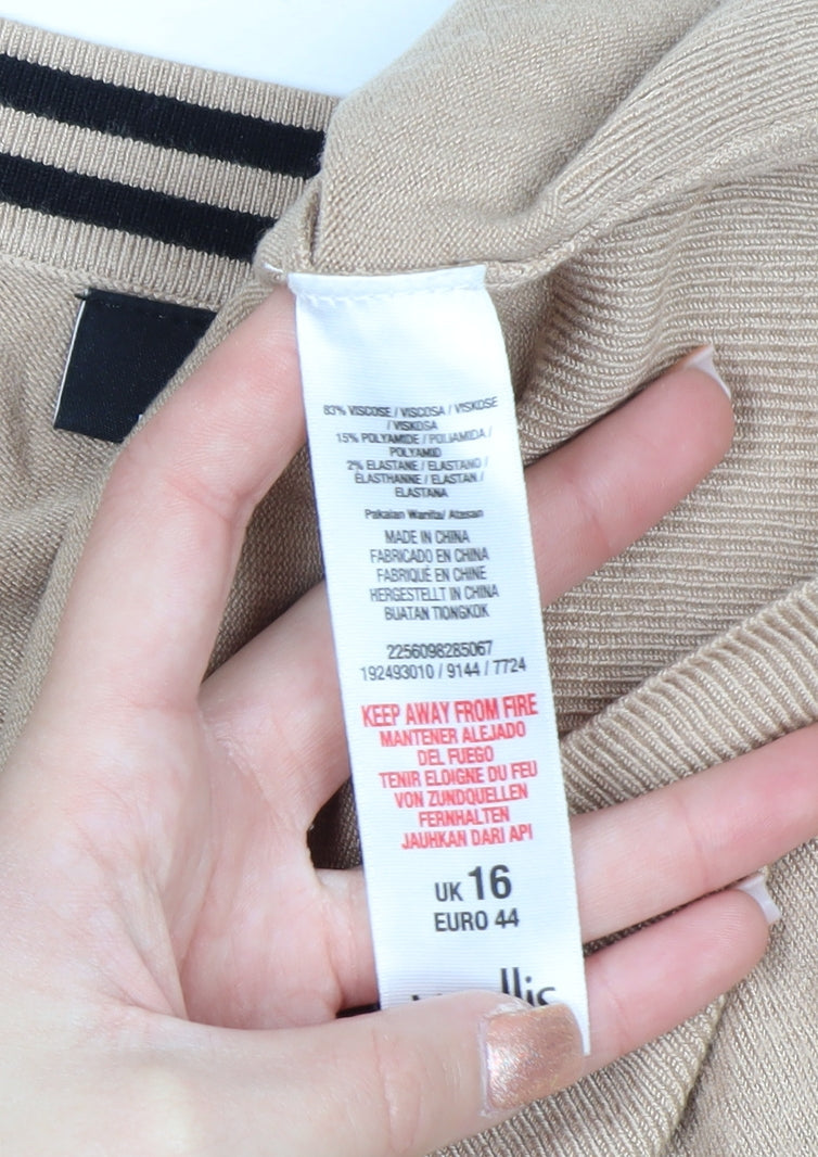 Wallis Women’s Beige 3/4 Sleeve Bow Trim Boat Neck Jumper Size 16