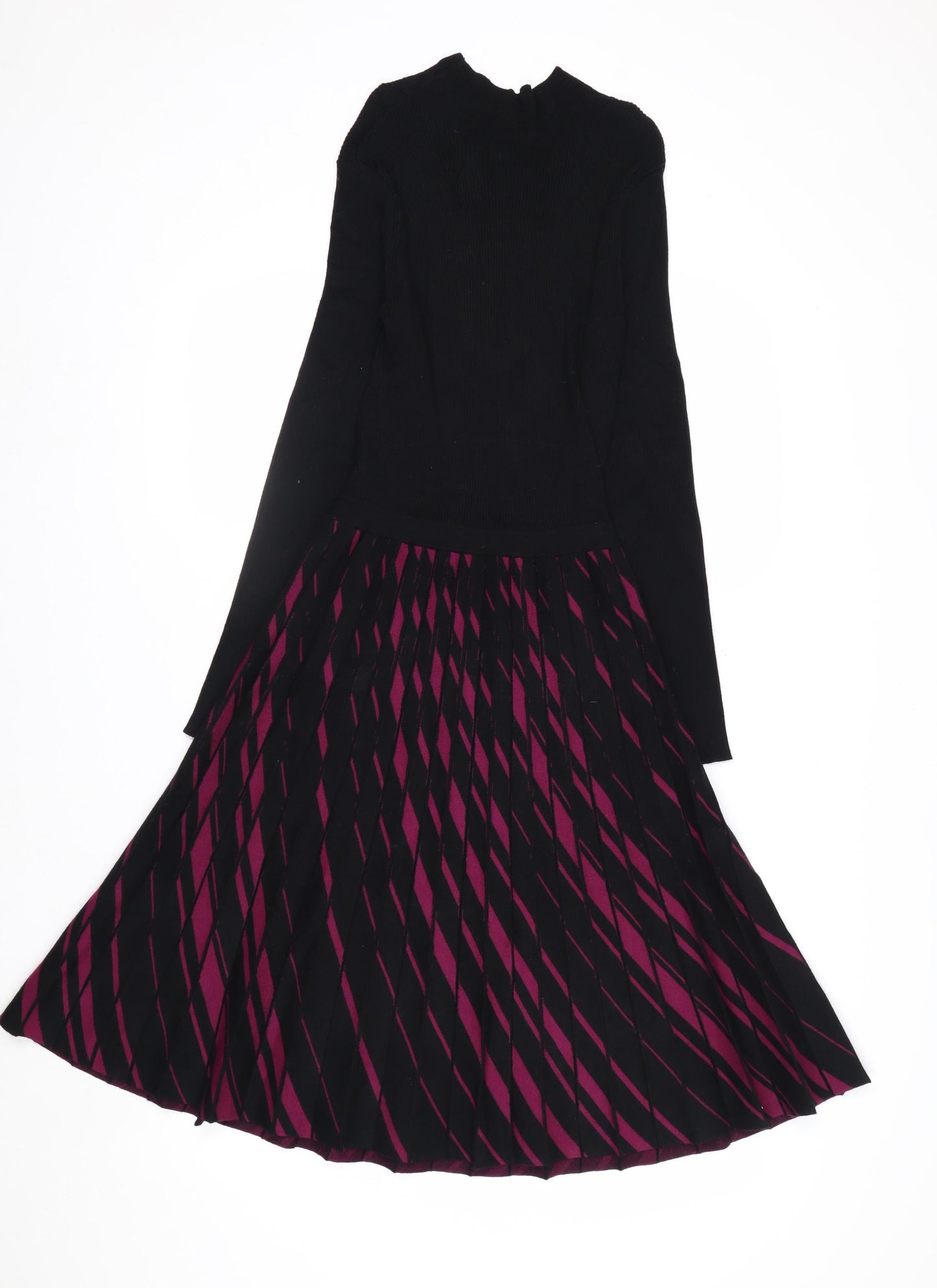 Hobbs Women’s Black & Burgundy Knit Midi Fit & Flare Dress UK 10
