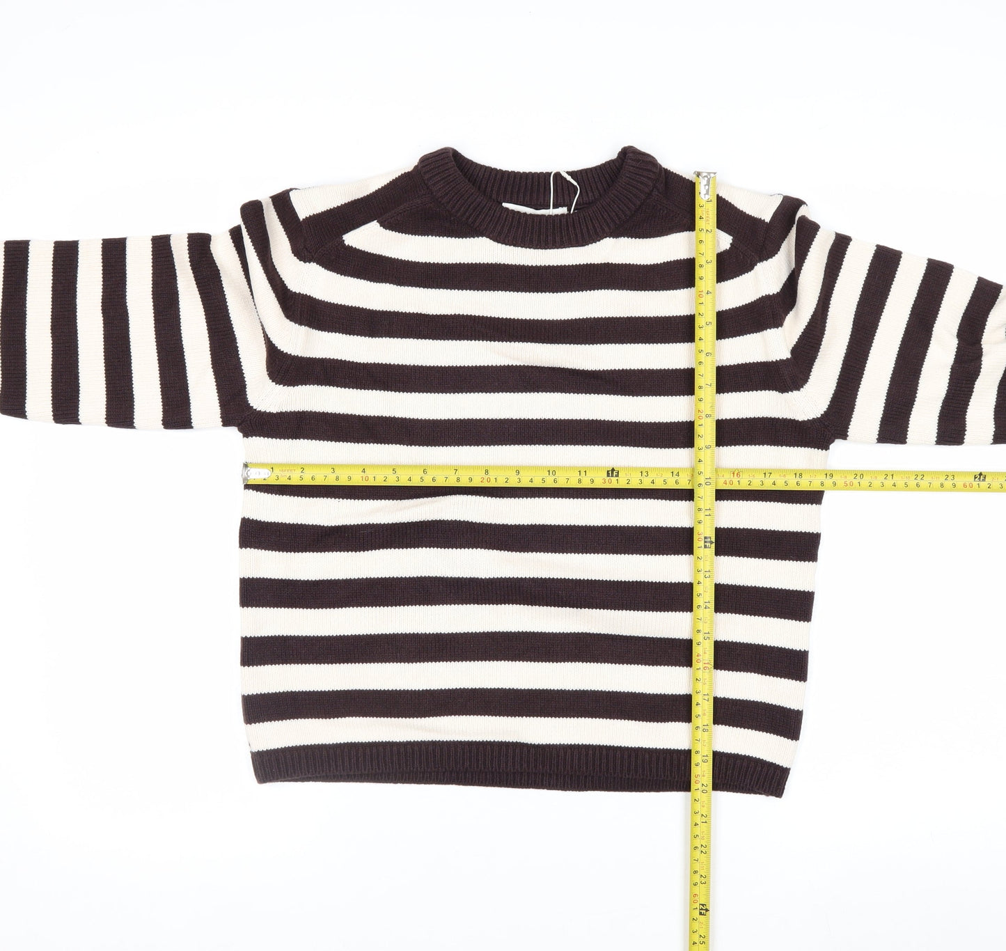Marks and Spencer Women Brown Striped Crew Neck Cotton Jumper Size S
