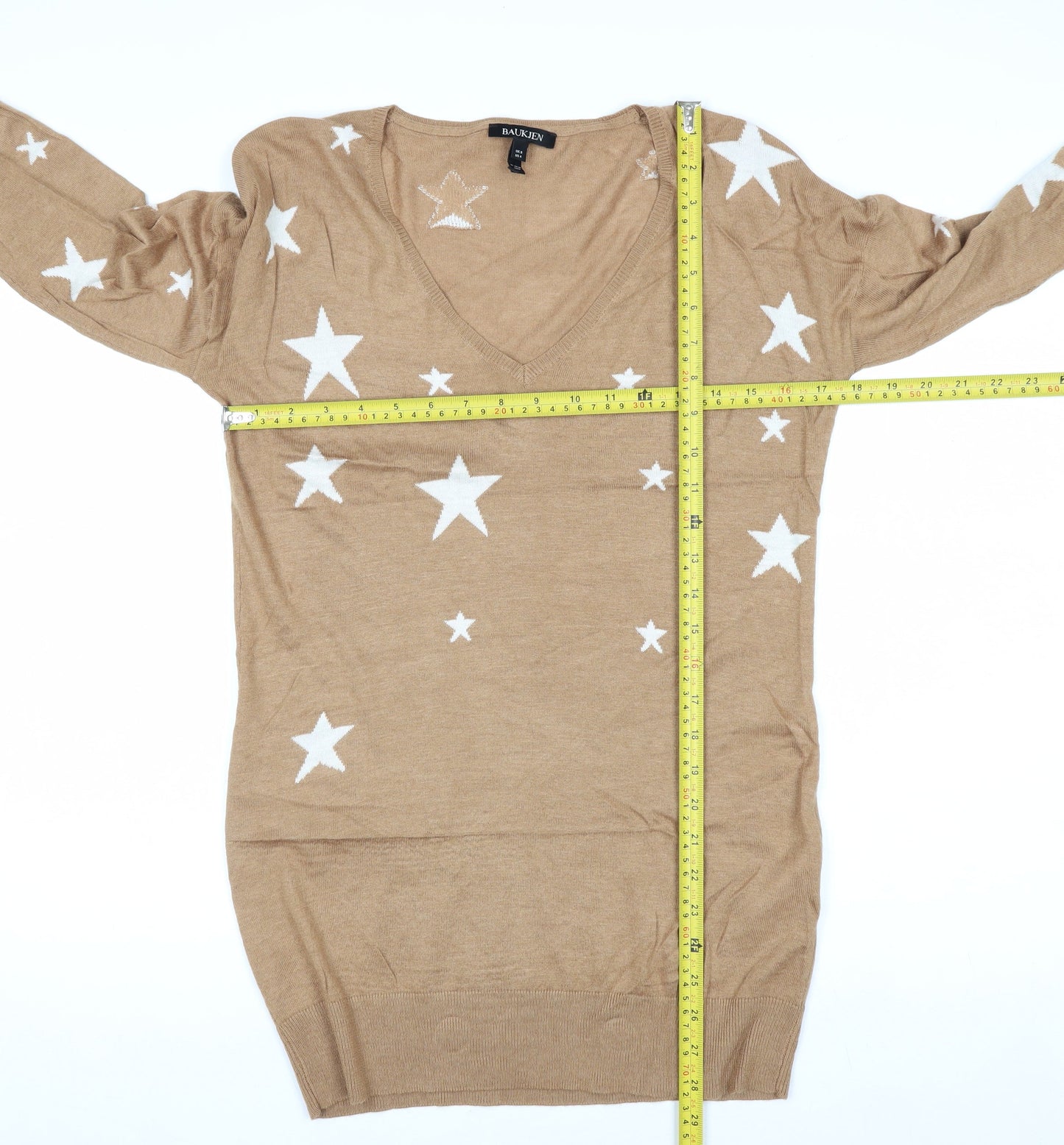 Baukjen Women Beige V-Neck Star Print Long Sleeve Jumper UK 8