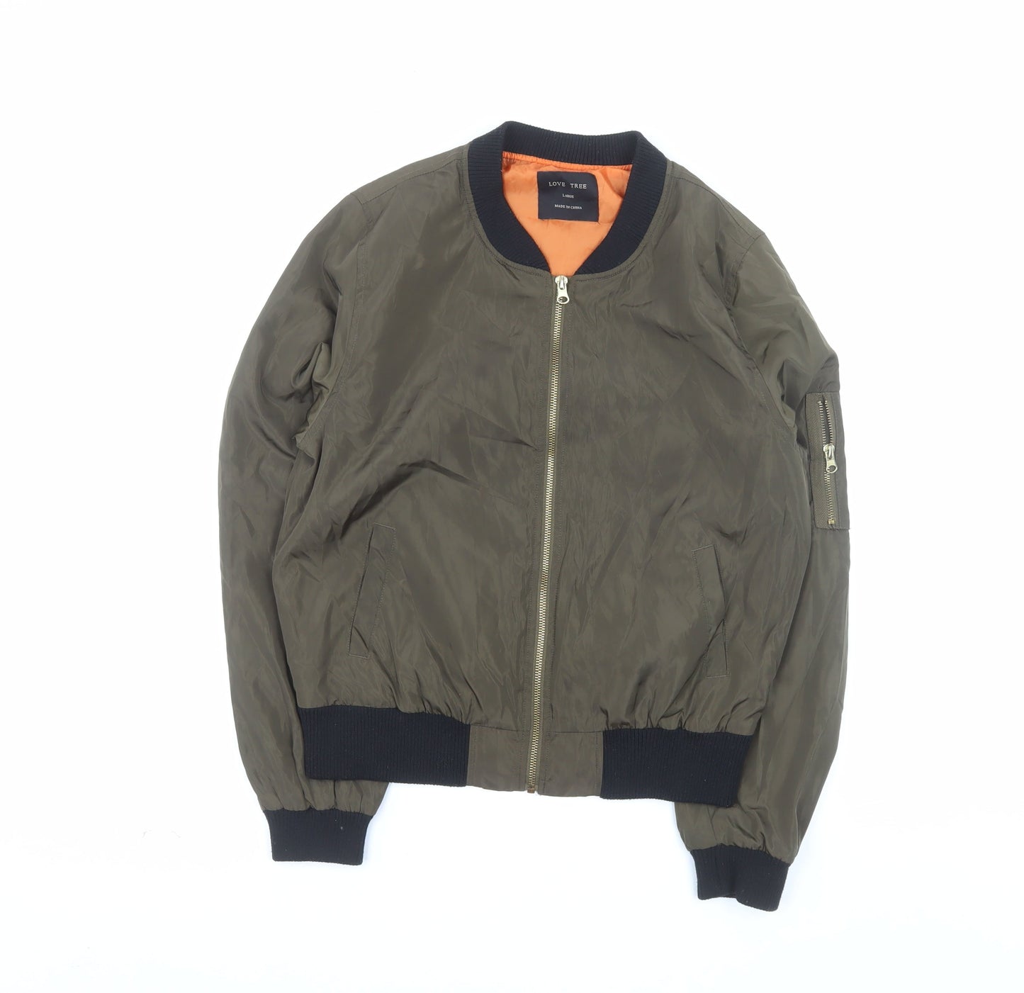 LOVE TREE Men's Green Bomber Jacket Size L Polyester Casual Zip