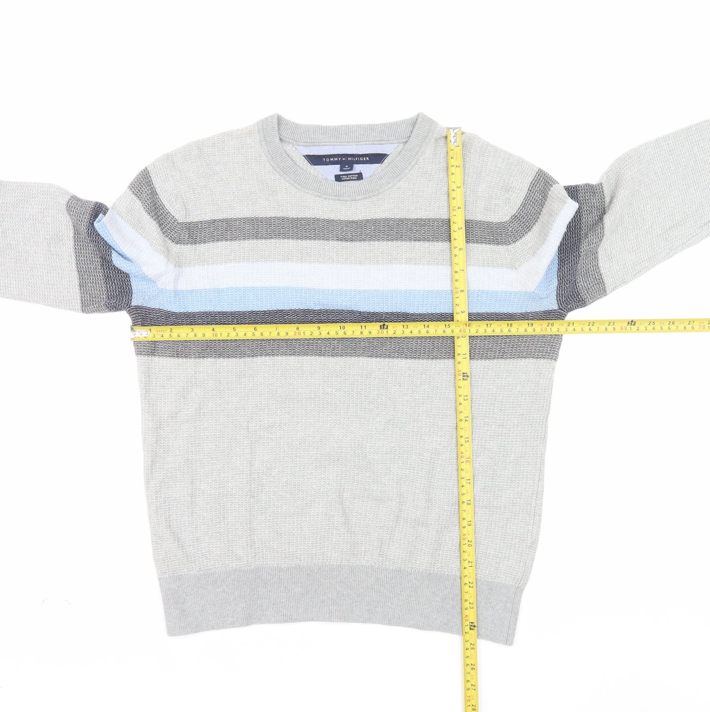 Tommy Hilfiger Men's Grey Striped Pima Cotton Crew Neck Jumper M