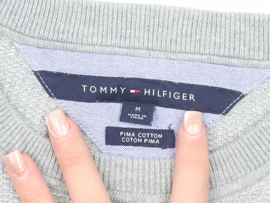 Tommy Hilfiger Men's Grey Striped Pima Cotton Crew Neck Jumper M