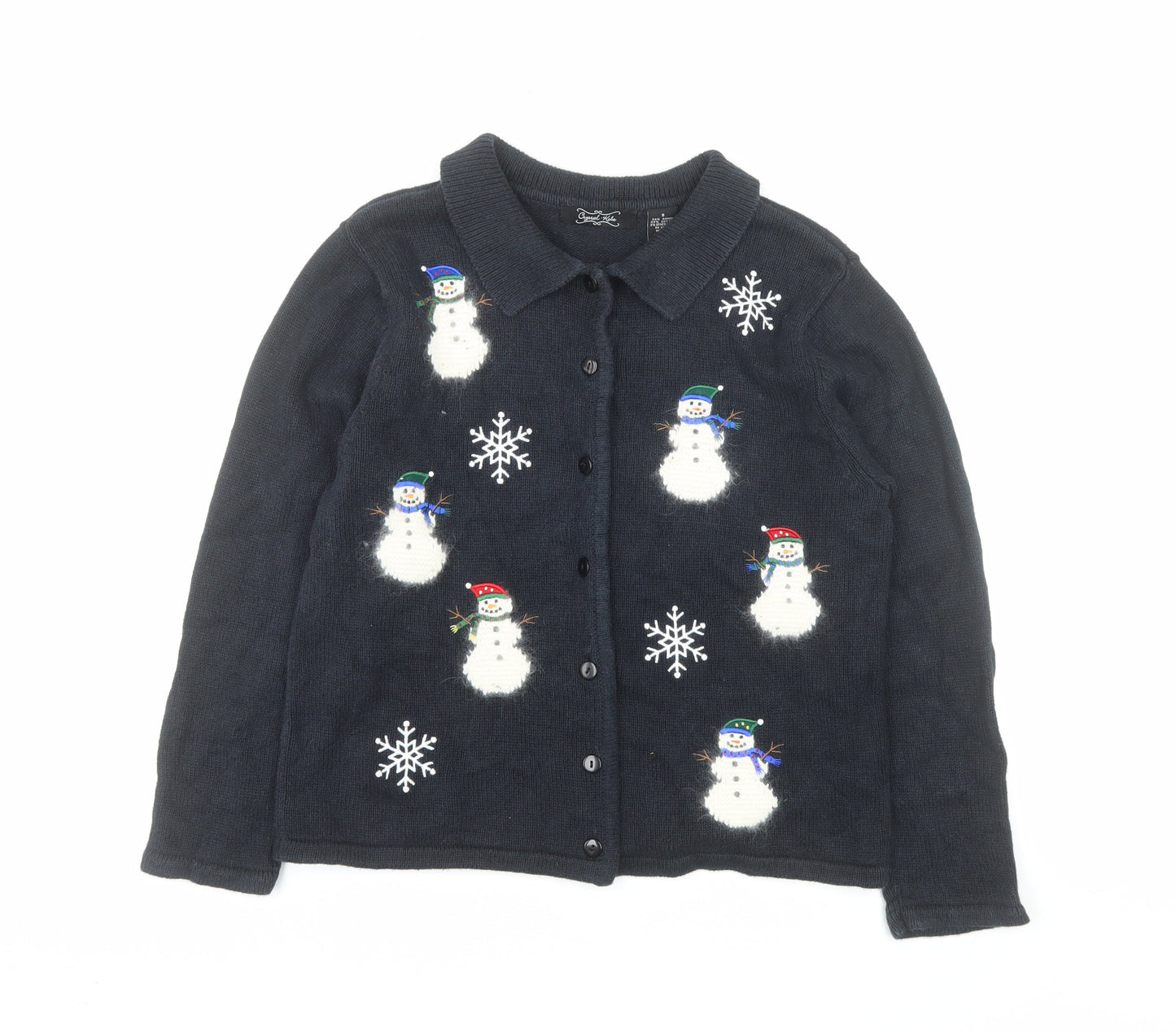 Crystal Kobe Women's Black Collared Snowman Christmas Cardigan Size S