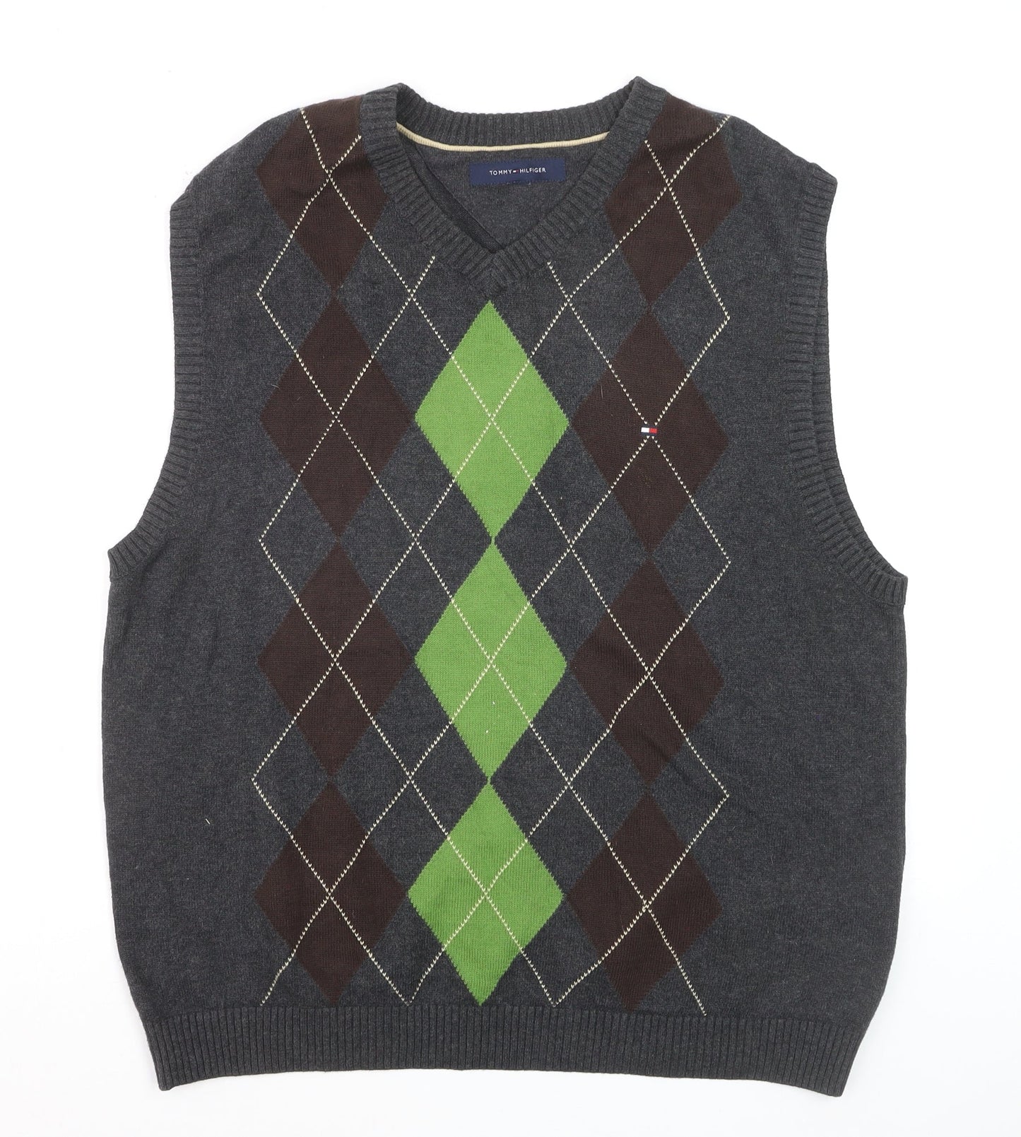 Tommy Hilfiger Men's Grey Argyle Cotton Knit Sleeveless Vest L