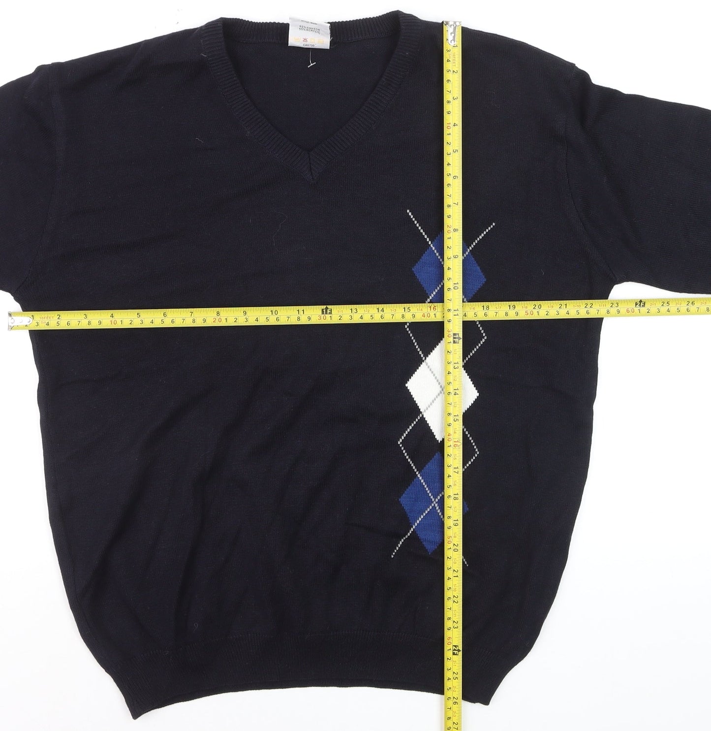 Maison Piacente Men's Blue Argyle V-Neck Cotton Knit Jumper M