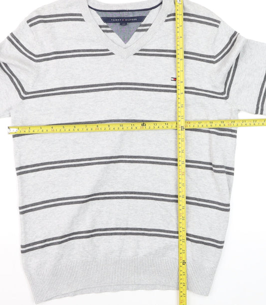 Tommy Hilfiger Men's Grey Striped Cotton V-Neck Jumper L