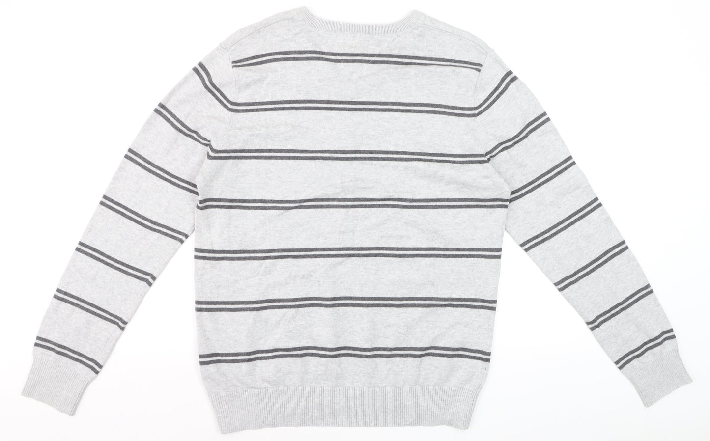 Tommy Hilfiger Men's Grey Striped Cotton V-Neck Jumper L