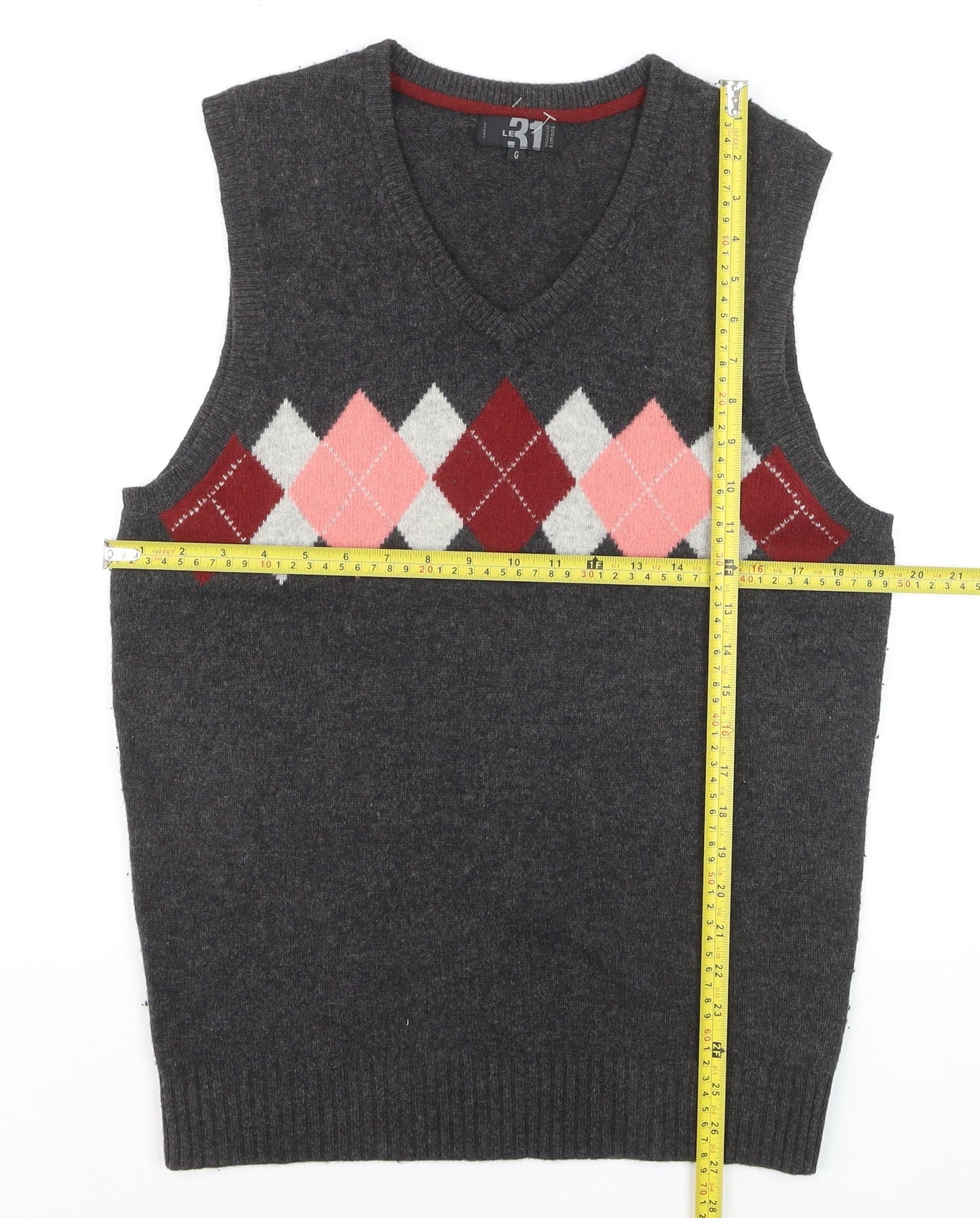 Le 31 Men's Grey Argyle Lambswool V-Neck Vest L Sleeveless Knit Jumper