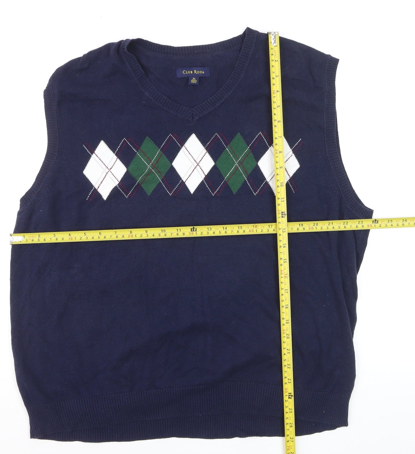Club Room Men's Blue Argyle V-Neck Sleeveless Cotton Vest XL
