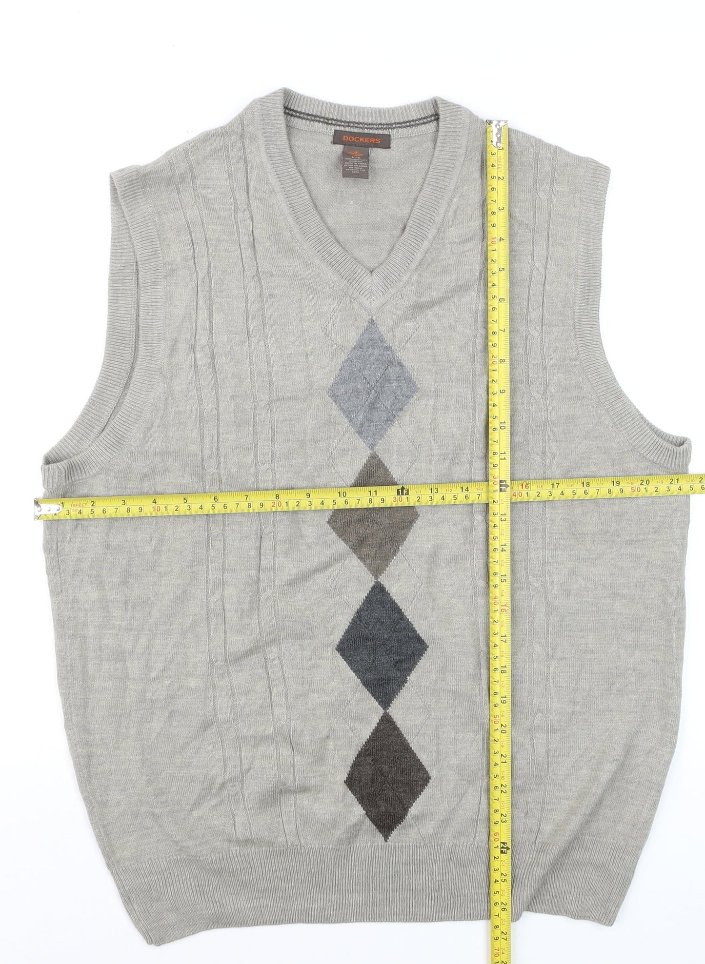 Dockers Men's Grey Argyle V-Neck Knit Sleeveless Vest L