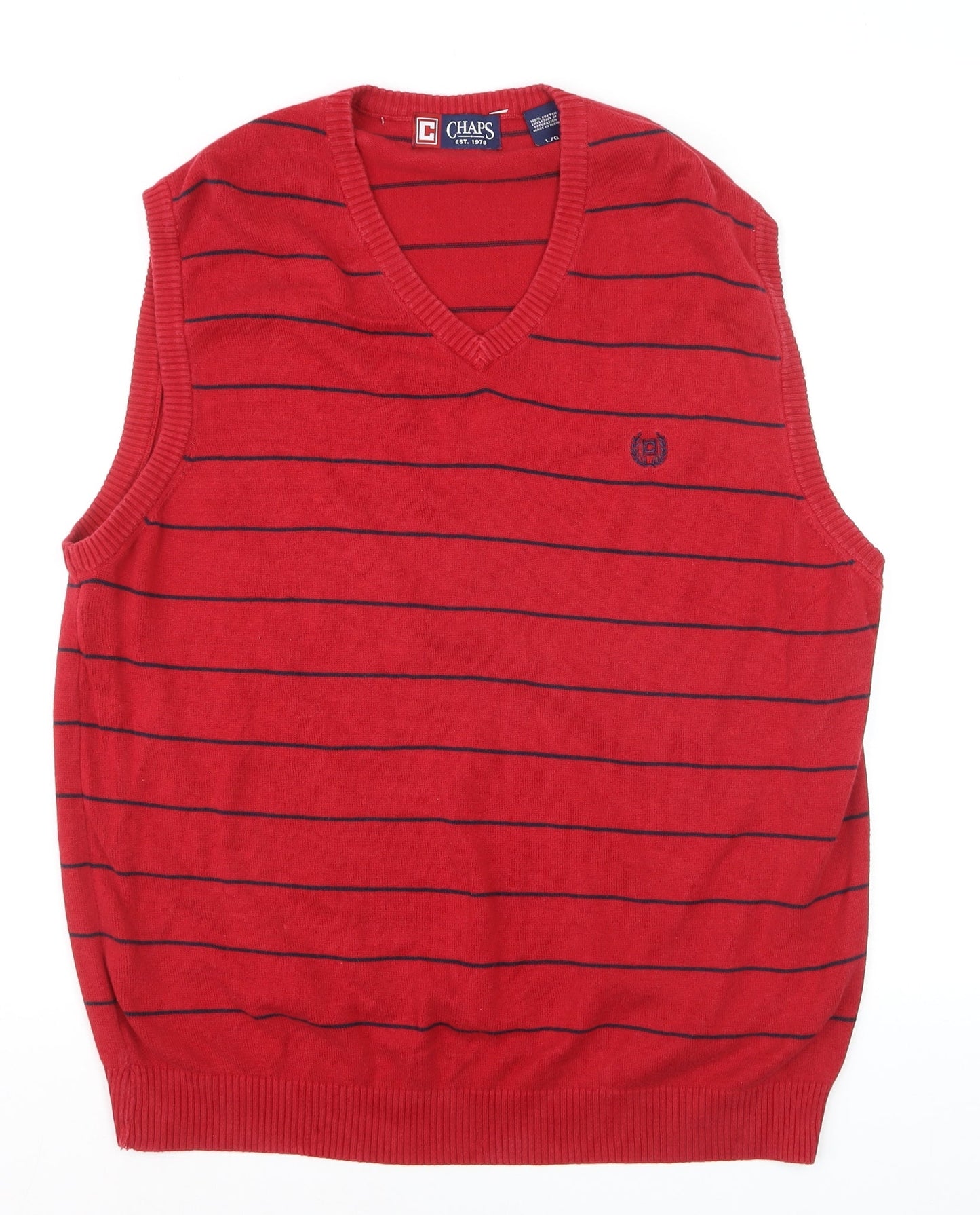 Chaps Men's Red Striped Cotton V-Neck Sleeveless Vest Jumper L
