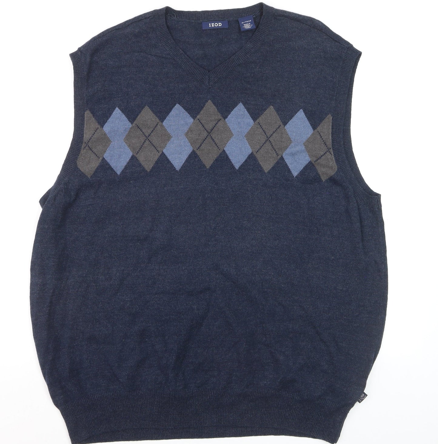 IZOD Men's Blue Argyle Sleeveless V-Neck Cotton Blend Knit Jumper Vest XL