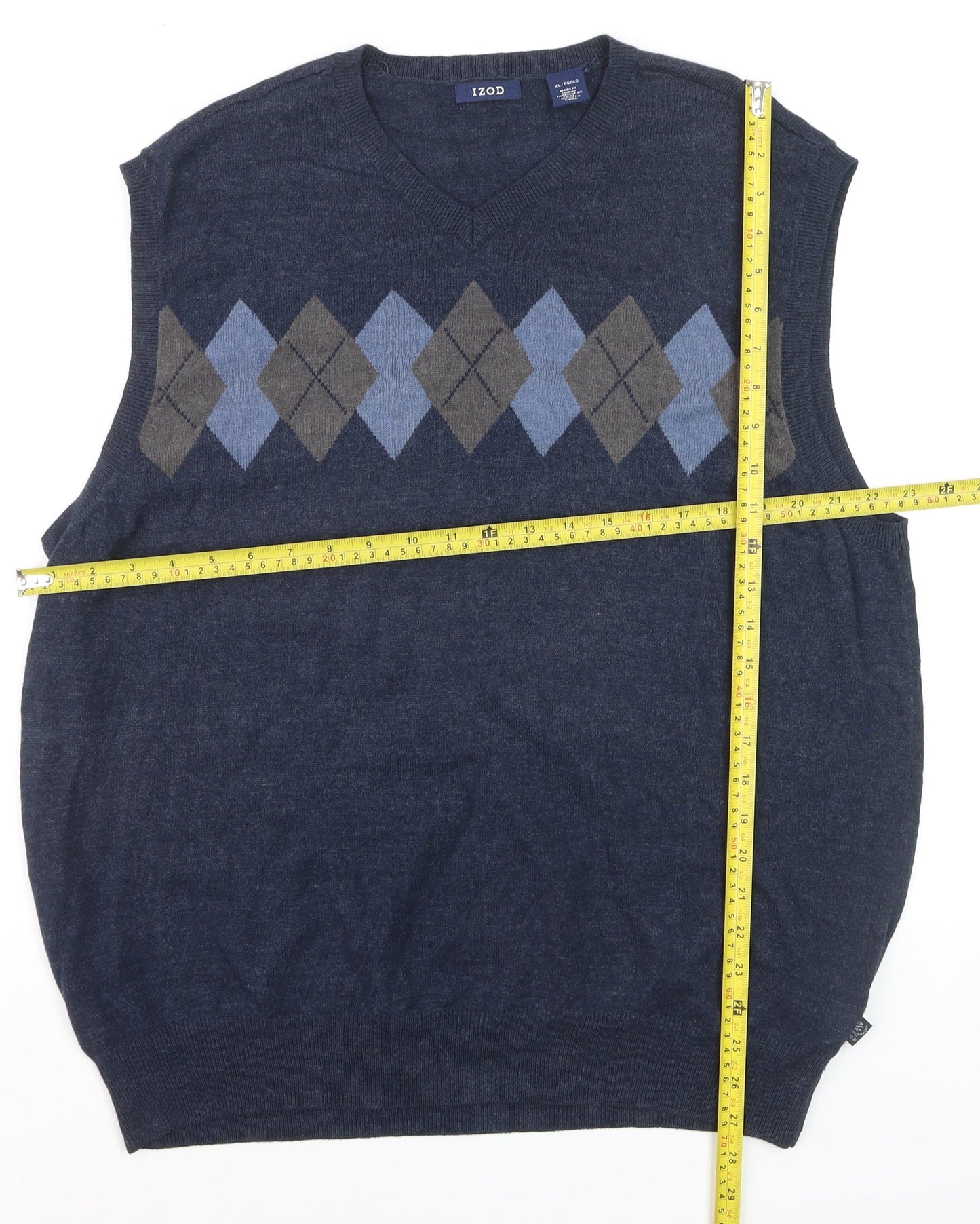 IZOD Men's Blue Argyle Sleeveless V-Neck Cotton Blend Knit Jumper Vest XL