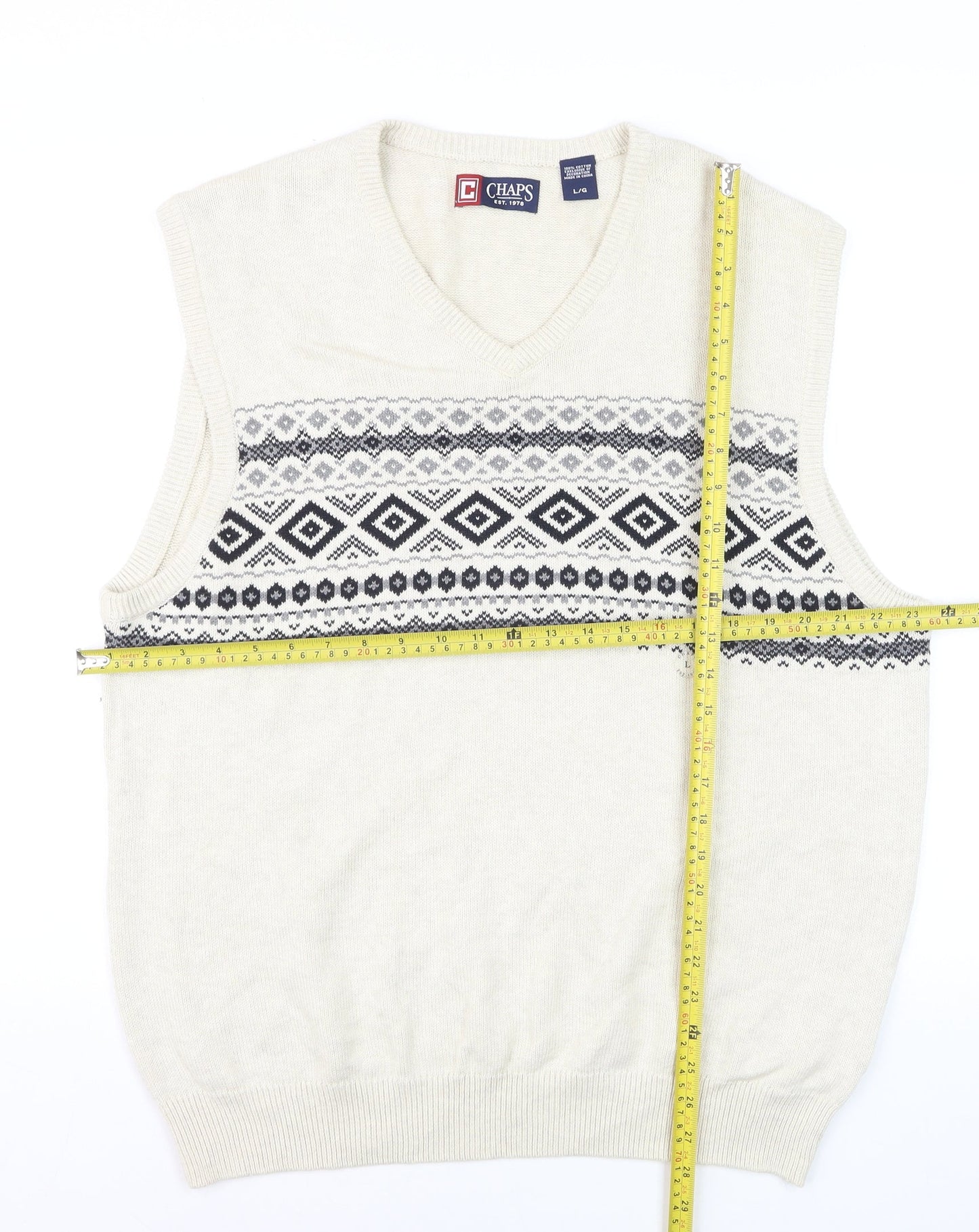 Chaps Men's Ivory Fair Isle Cotton V-Neck Sleeveless Jumper Vest L