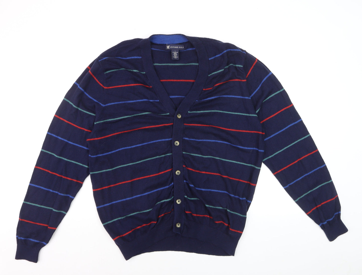Oxford Golf Men's Blue Striped Merino Wool Cardigan L