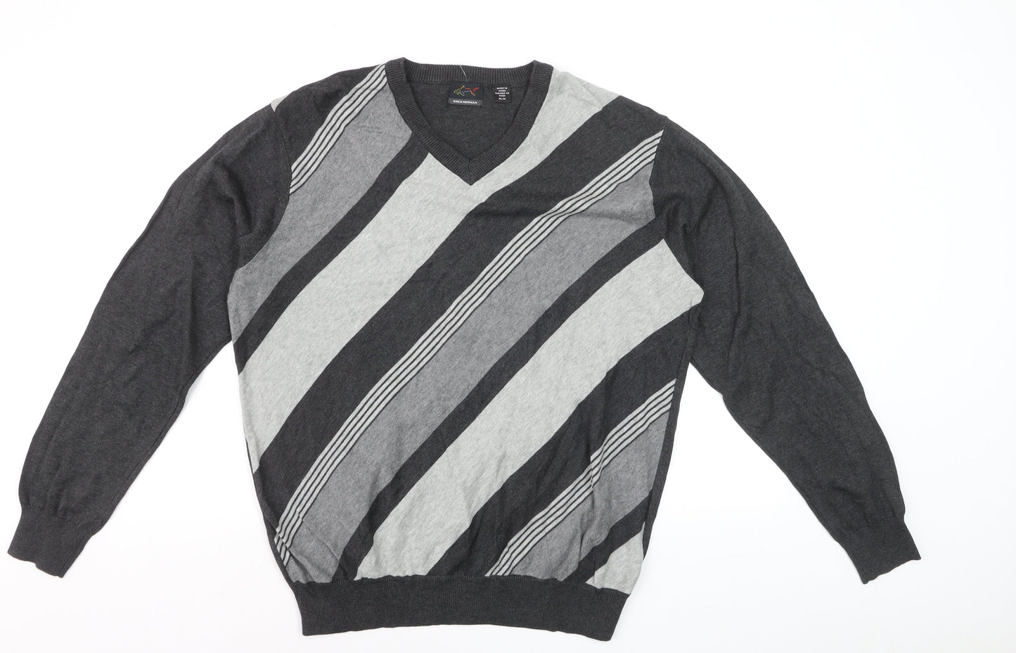 Greg Norman Men's Grey Striped V-Neck Cotton Pullover Jumper M