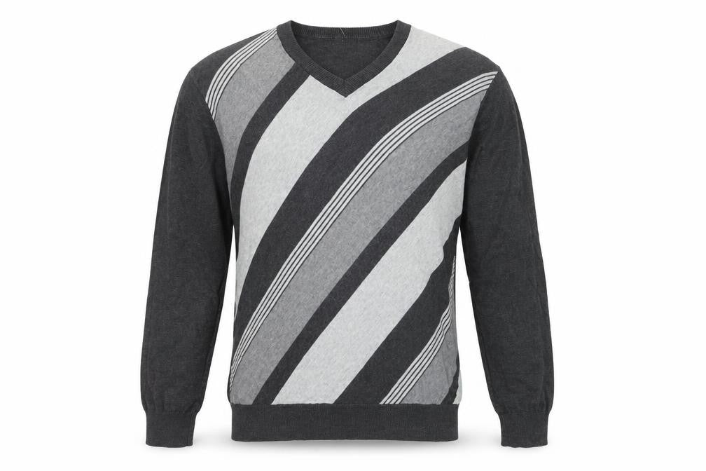Greg Norman Men's Grey Striped V-Neck Cotton Pullover Jumper M