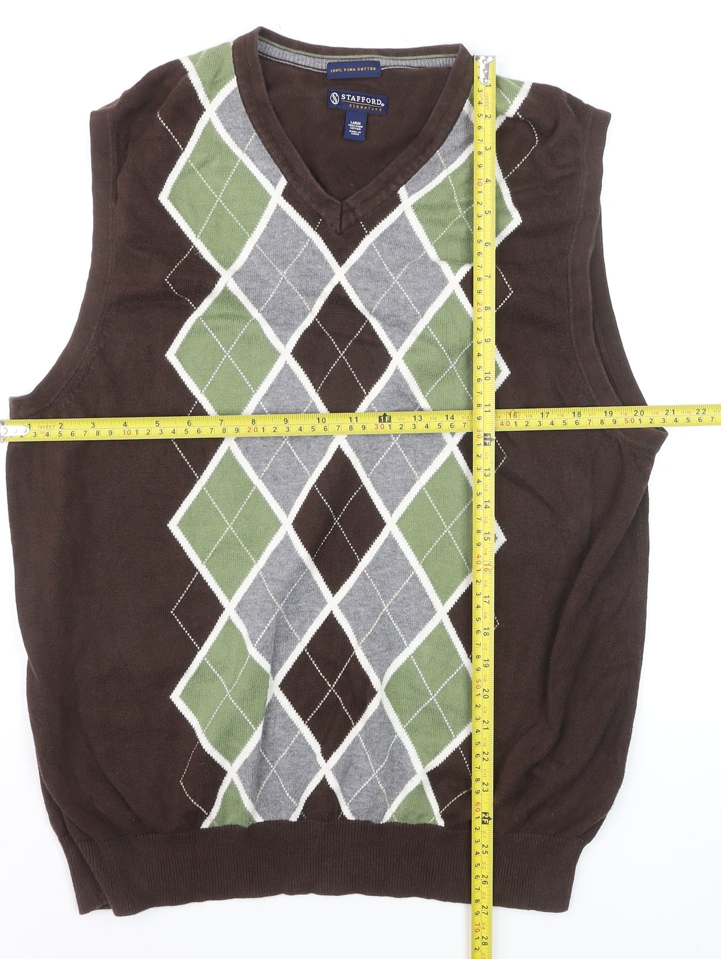 Stafford Men's Brown Argyle Cotton V-Neck Sweater Vest Size L