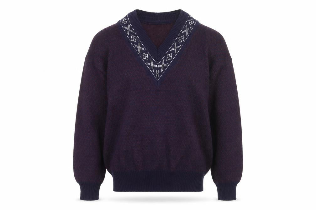 Grass Roots Men's Blue Wool Blend V-Neck Geometric Knit Jumper M