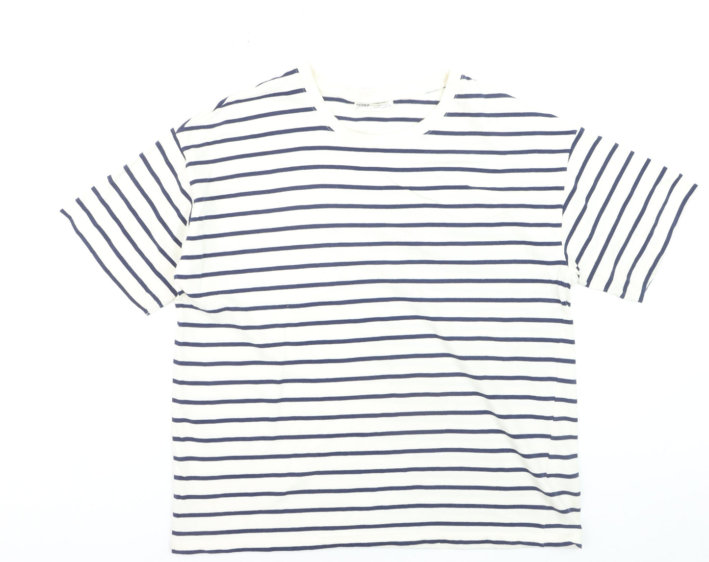 Pull & Bear Men's White Navy Striped Cotton Nautical Crew Neck T-Shirt M