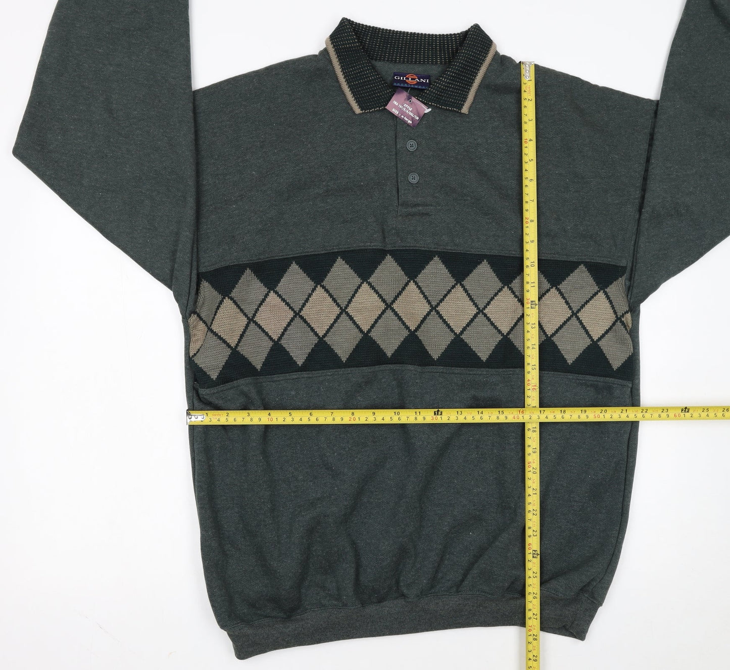 Gillani Men's Green Argyle Henley Sweatshirt XL Vintage Style