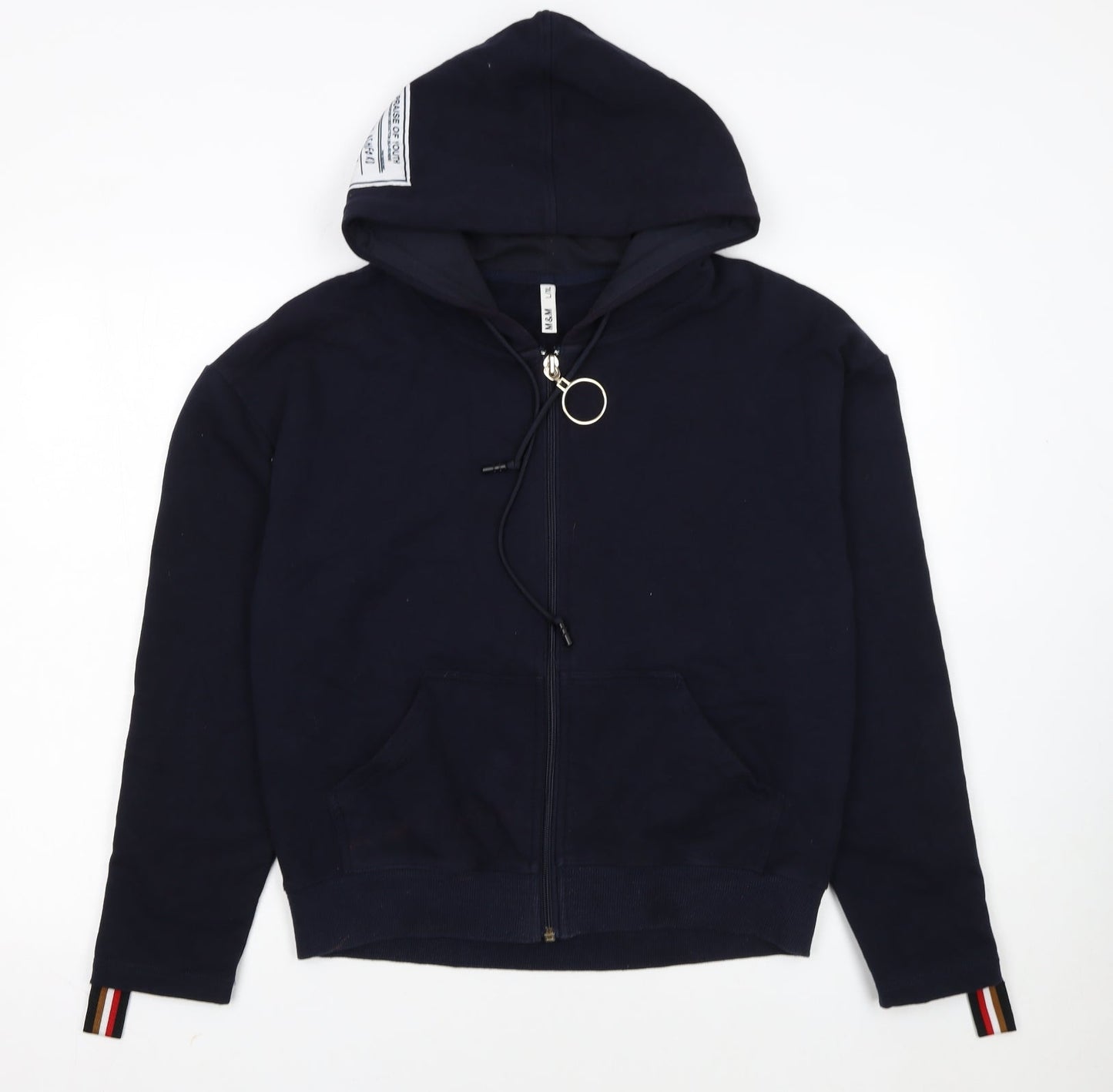 M&M Womens Navy Full Zip Hoodie L/XL Cotton Blend Stripe Trim