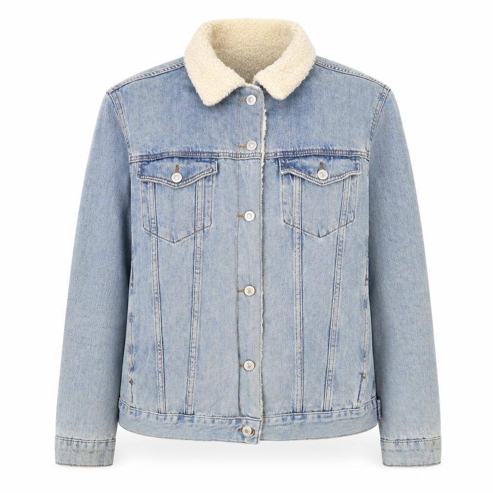 Topshop Women's Blue Denim Shearling Lined Jacket Size 16
