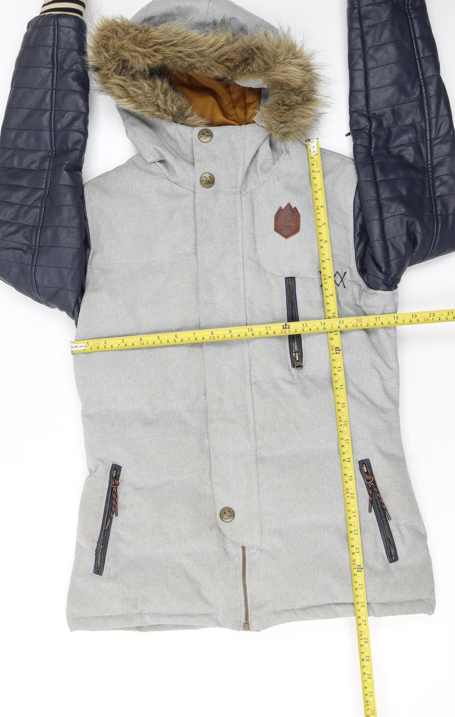 Picture Women's Grey Faux Leather Sleeve Hooded Puffer Jacket M