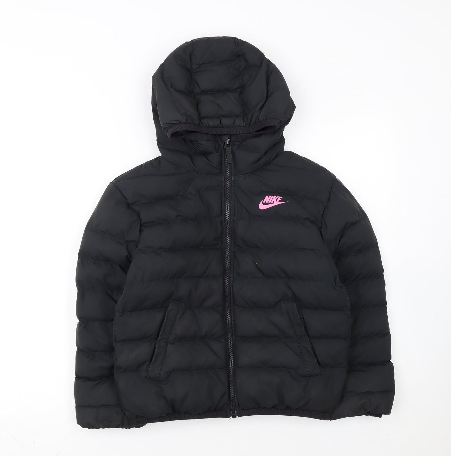 Nike Girls Black Hooded Puffer Jacket 8-9 Years Winter Coat