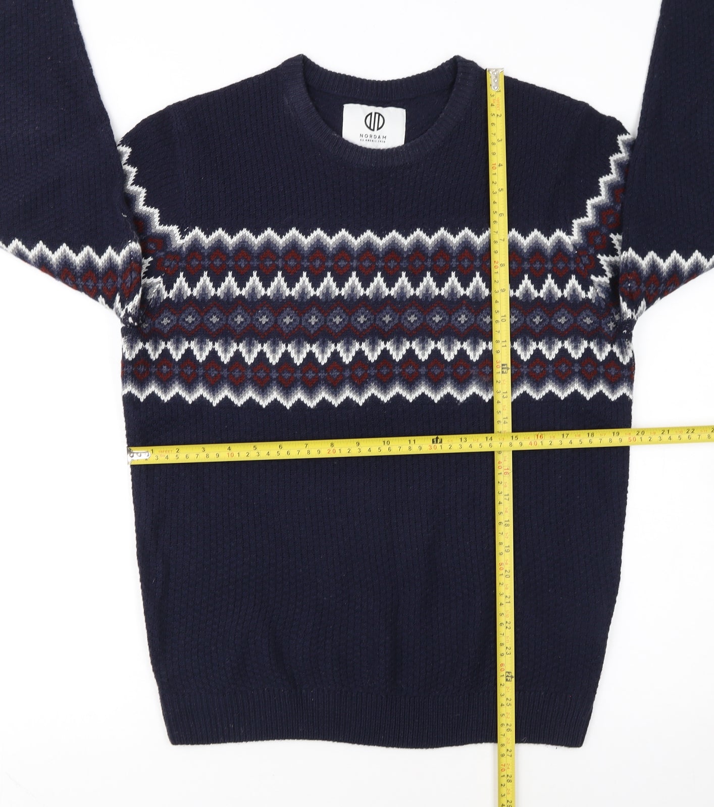 Nordam Men's Blue Fair Isle Knit Crew Neck Jumper Size M