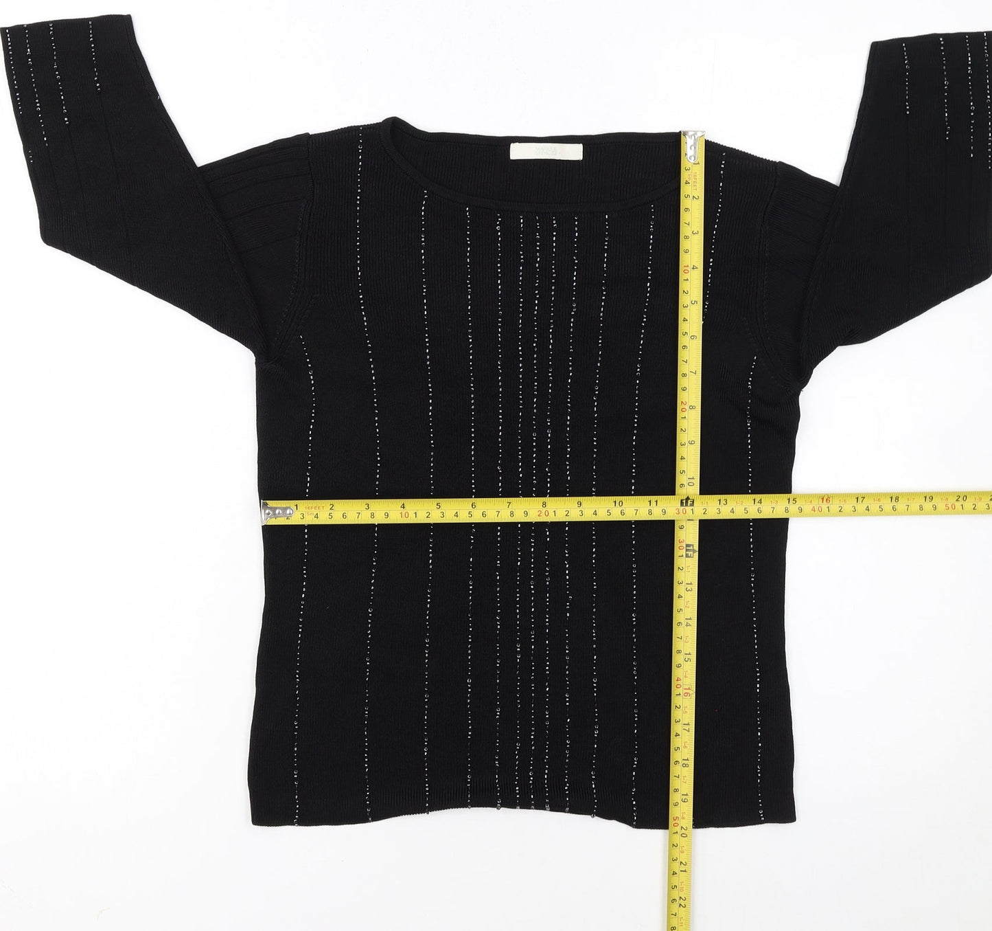 Marks and Spencer Womens Black Size 12 Beaded Scoop Neck 3/4 Sleeve Jumper