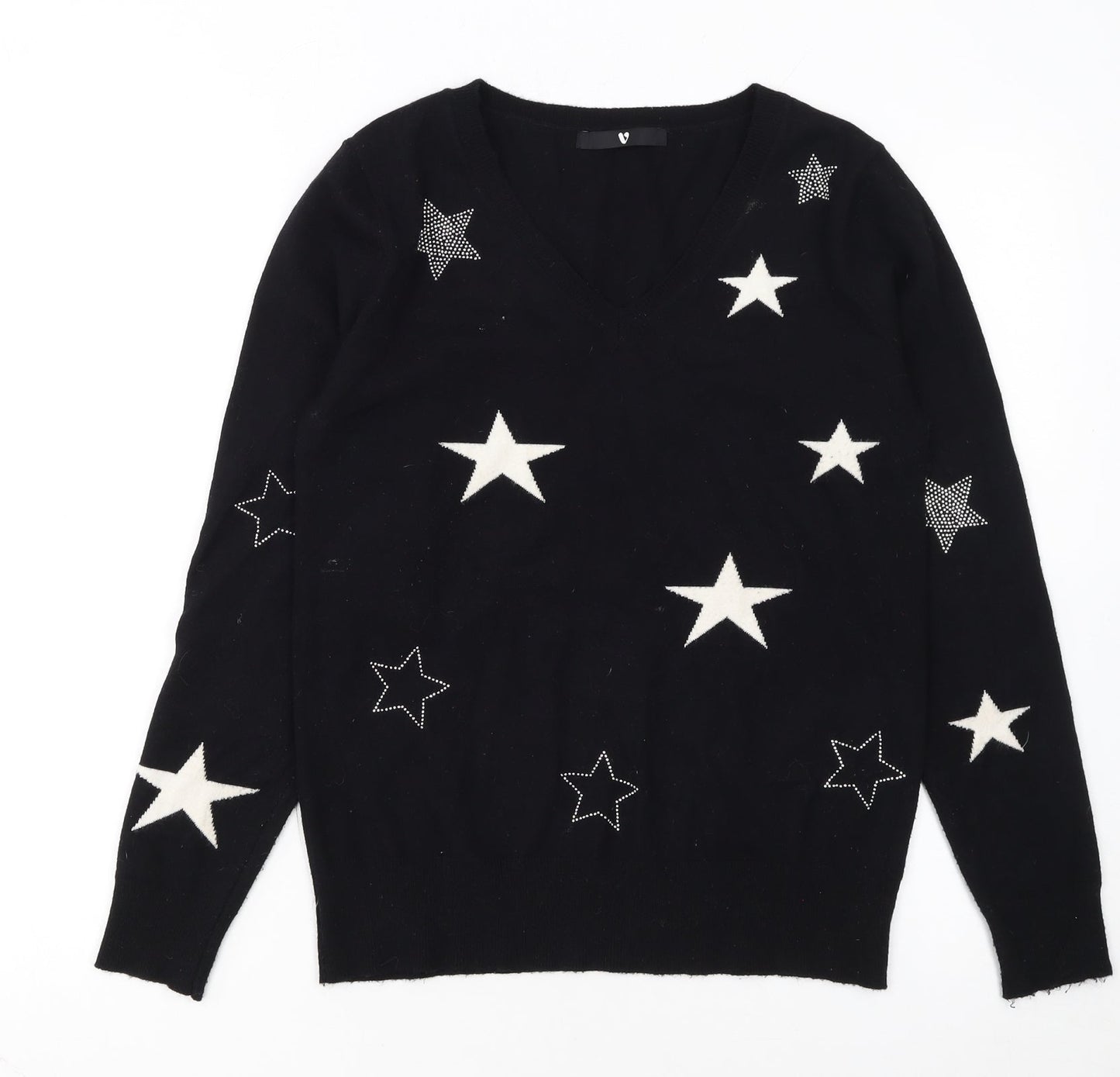 Very Women Black Star Embellished V-Neck Long Sleeve Jumper Size 8