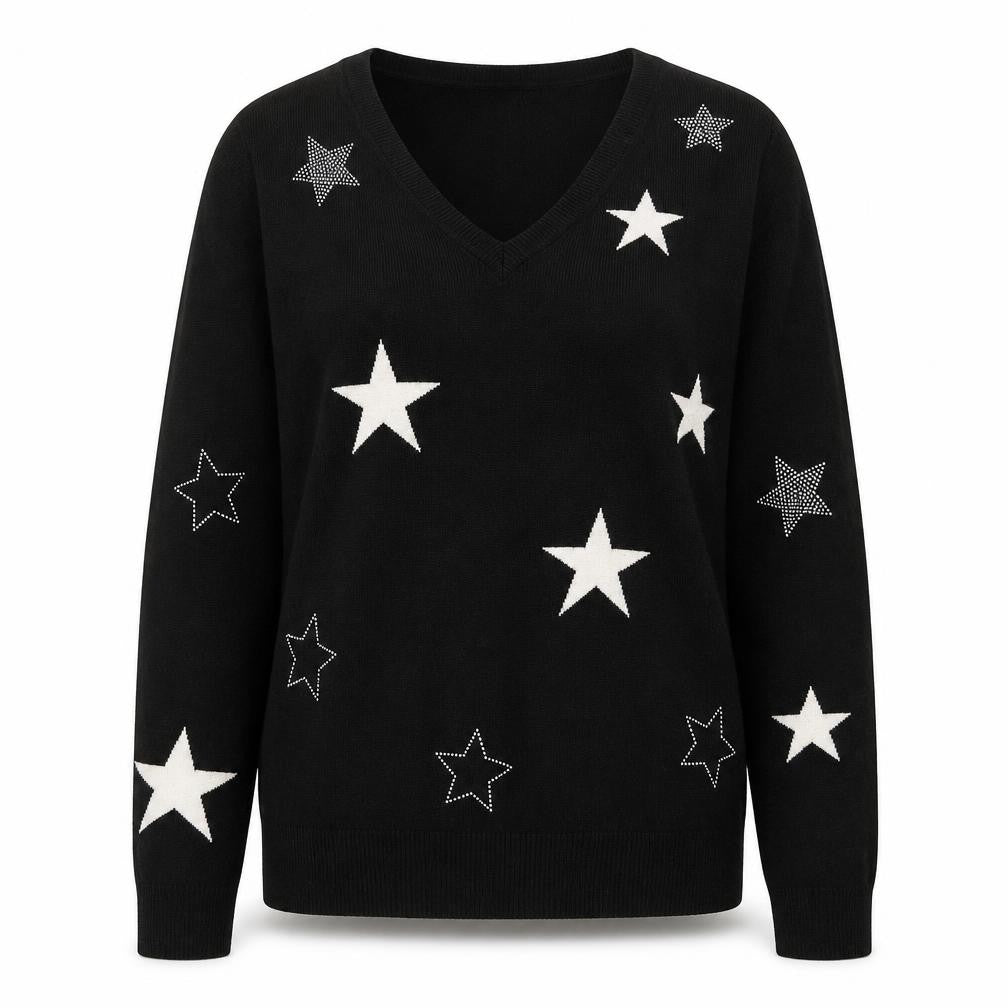 Very Women Black Star Embellished V-Neck Long Sleeve Jumper Size 8