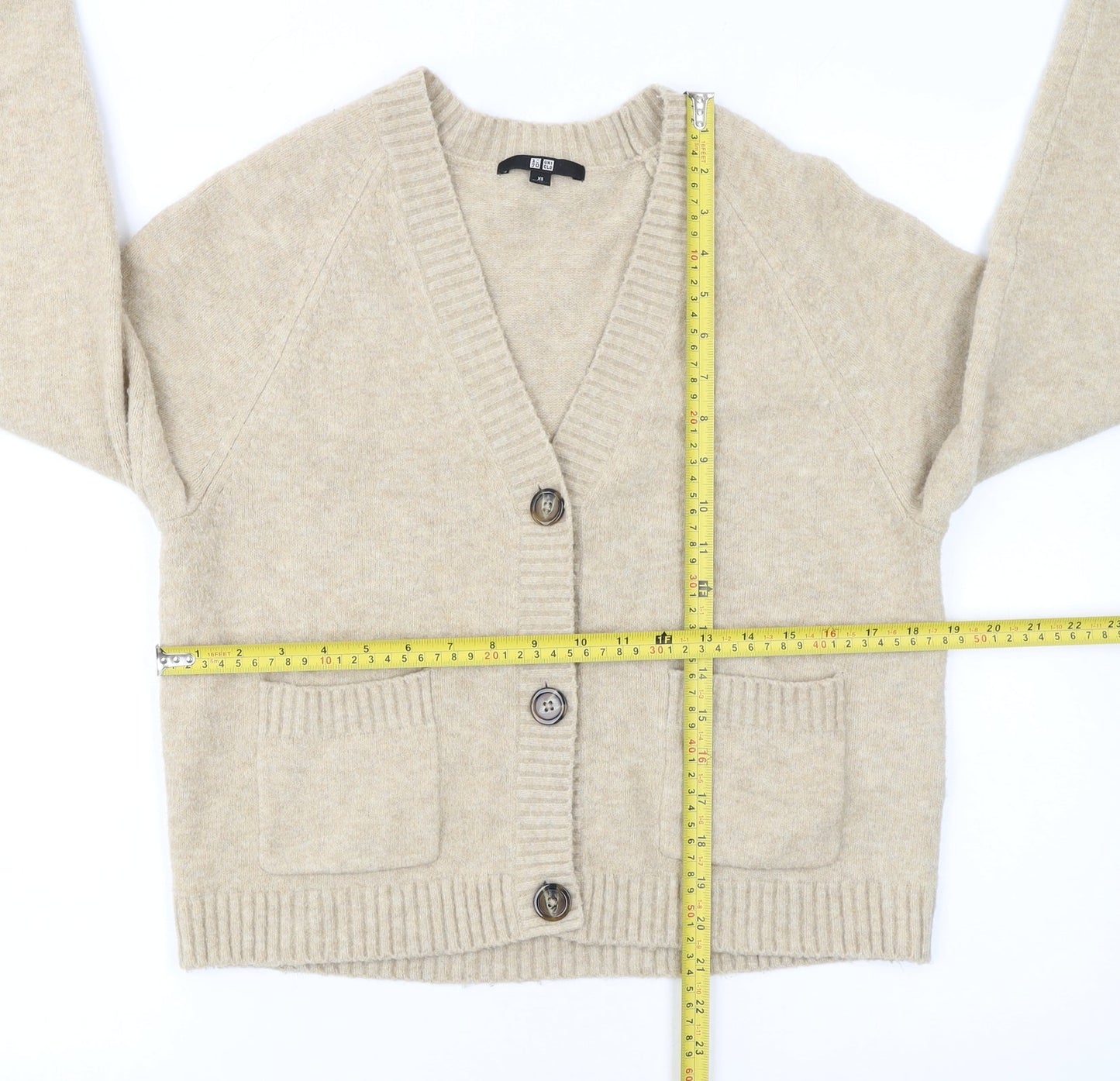 Uniqlo Women Beige V-Neck Knit Cardigan XS Wool Blend