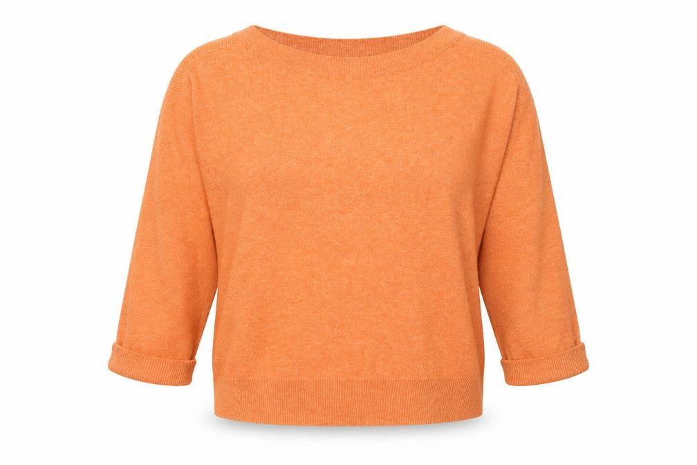 ICHI Women Orange Pullover Jumper M Boat Neck 3/4 Sleeve Knit