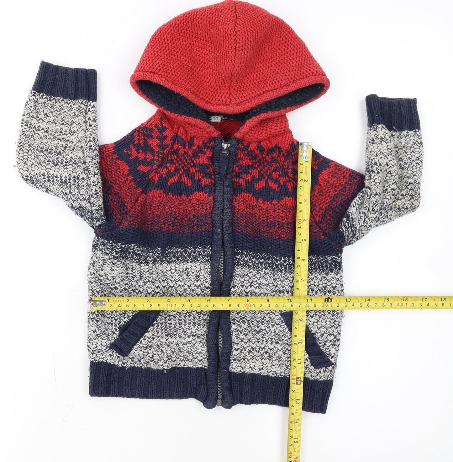 FatFace Boys Red Blue Fair Isle Hooded Full Zip Cardigan 2-3 Years Winter Knit