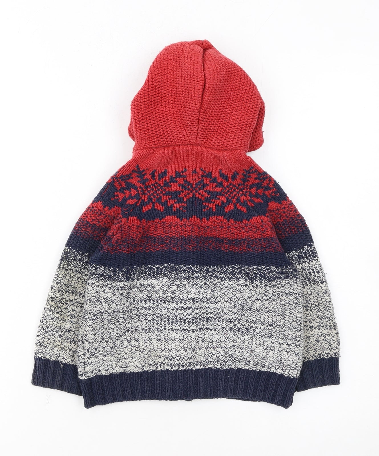 FatFace Boys Red Blue Fair Isle Hooded Full Zip Cardigan 2-3 Years Winter Knit