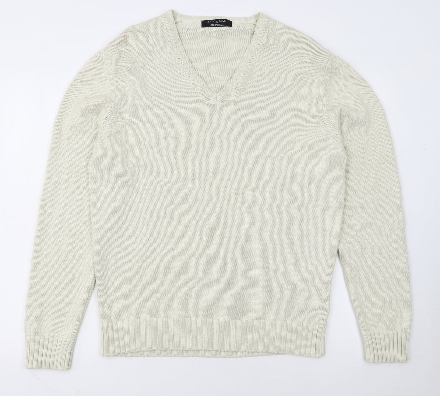 Zara Man Ivory Cotton V-Neck Pullover Jumper L Mens Knitwear