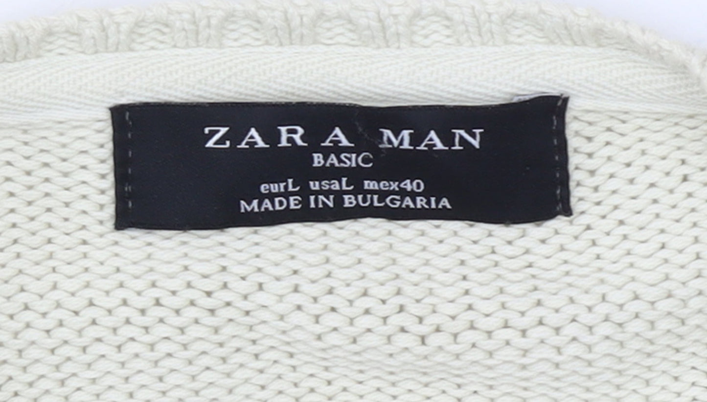 Zara Man Ivory Cotton V-Neck Pullover Jumper L Mens Knitwear