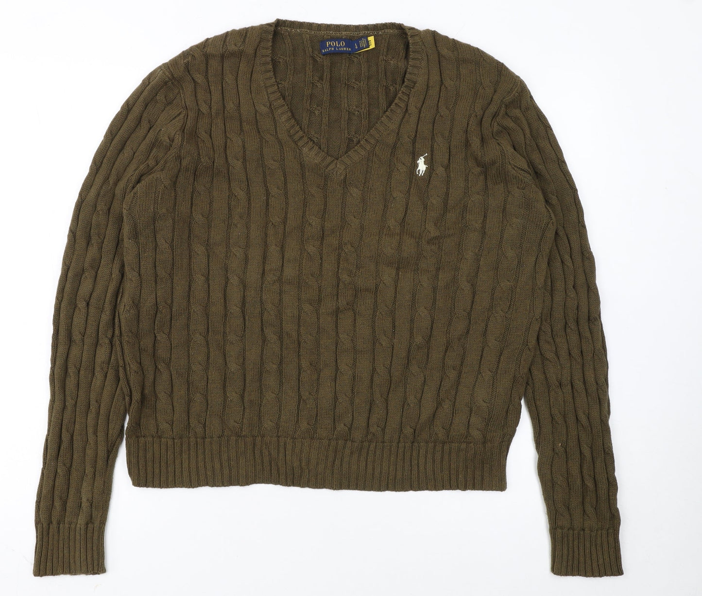 Ralph Lauren Women Brown Cotton Cable-Knit V-Neck Jumper L