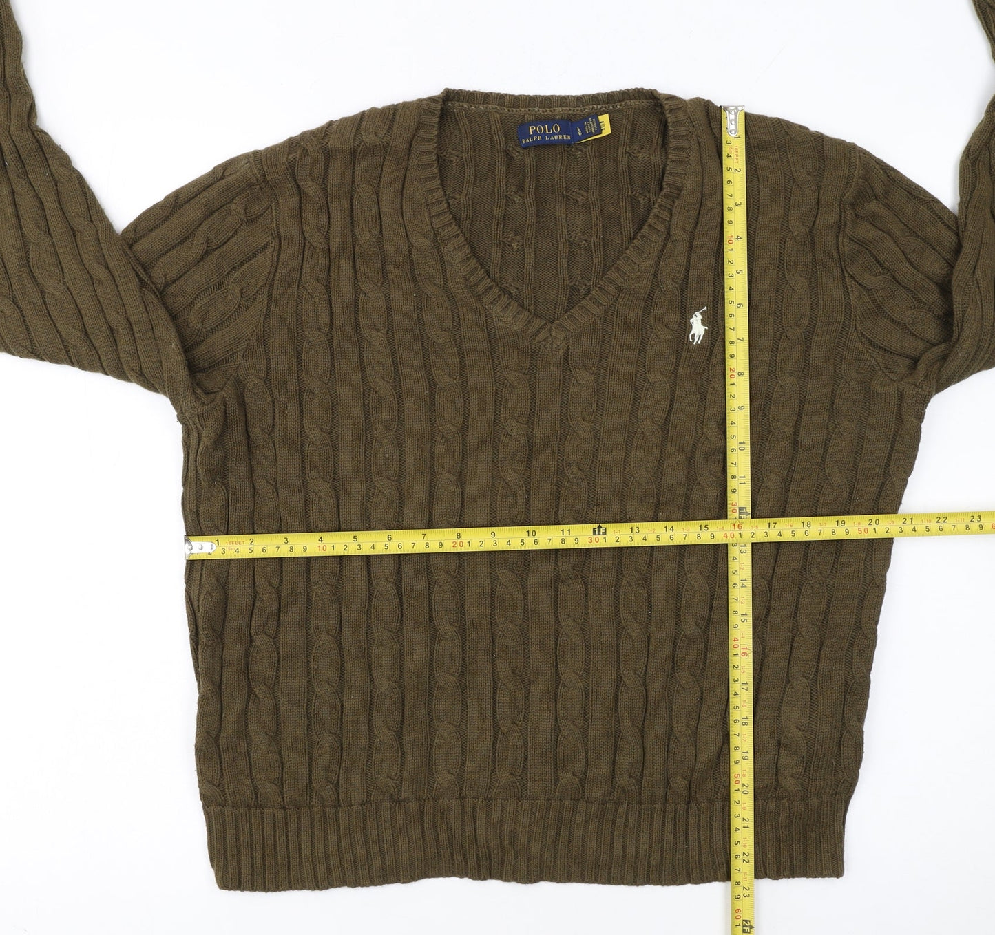 Ralph Lauren Women Brown Cotton Cable-Knit V-Neck Jumper L