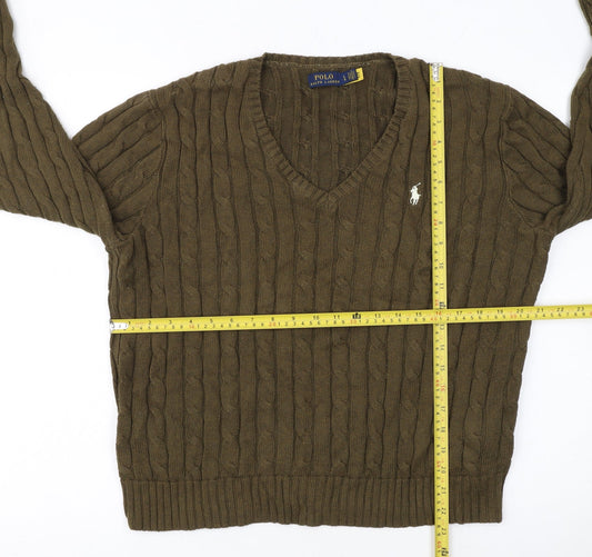 Ralph Lauren Women Brown Cotton Cable-Knit V-Neck Jumper L