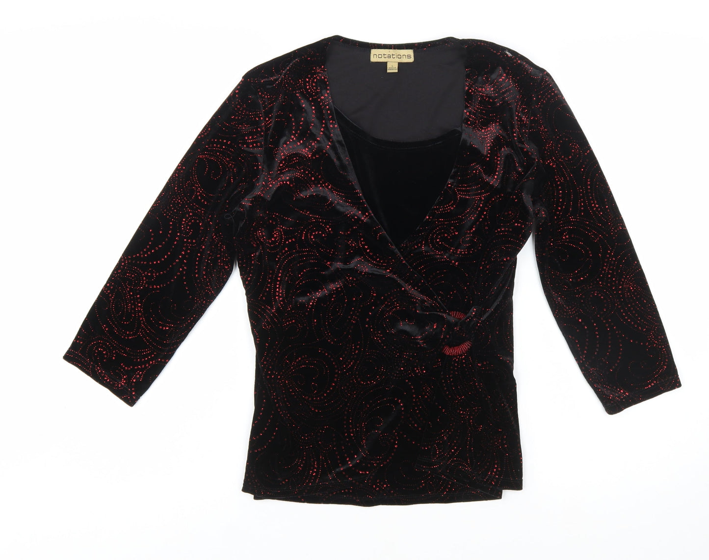 Notations Women's Black Velvet Wrap Blouse L Beaded Party Top