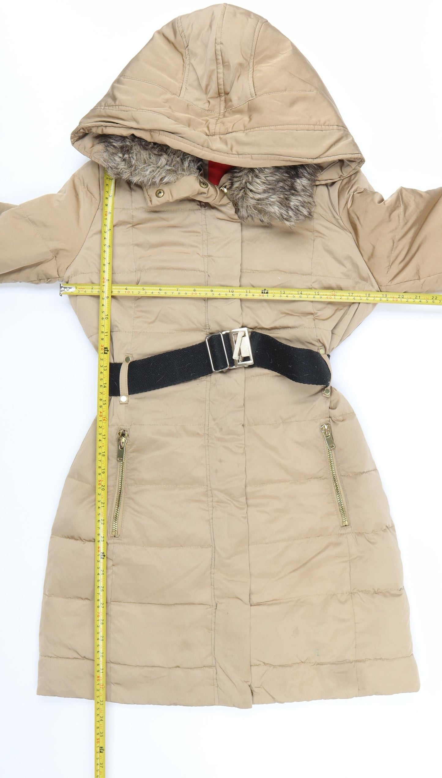 Mango Women Beige Belted Hooded Long Puffer Coat Size S