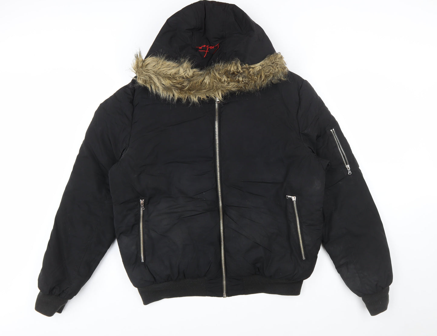 Couture Men’s Black Faux Fur Hooded Bomber Jacket Size L