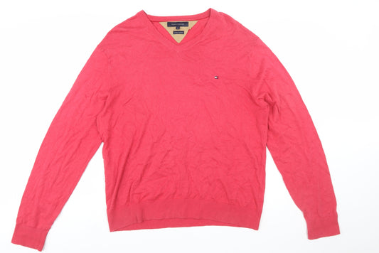 Tommy Hilfiger Men's Red Cotton Cashmere V-Neck Jumper XL